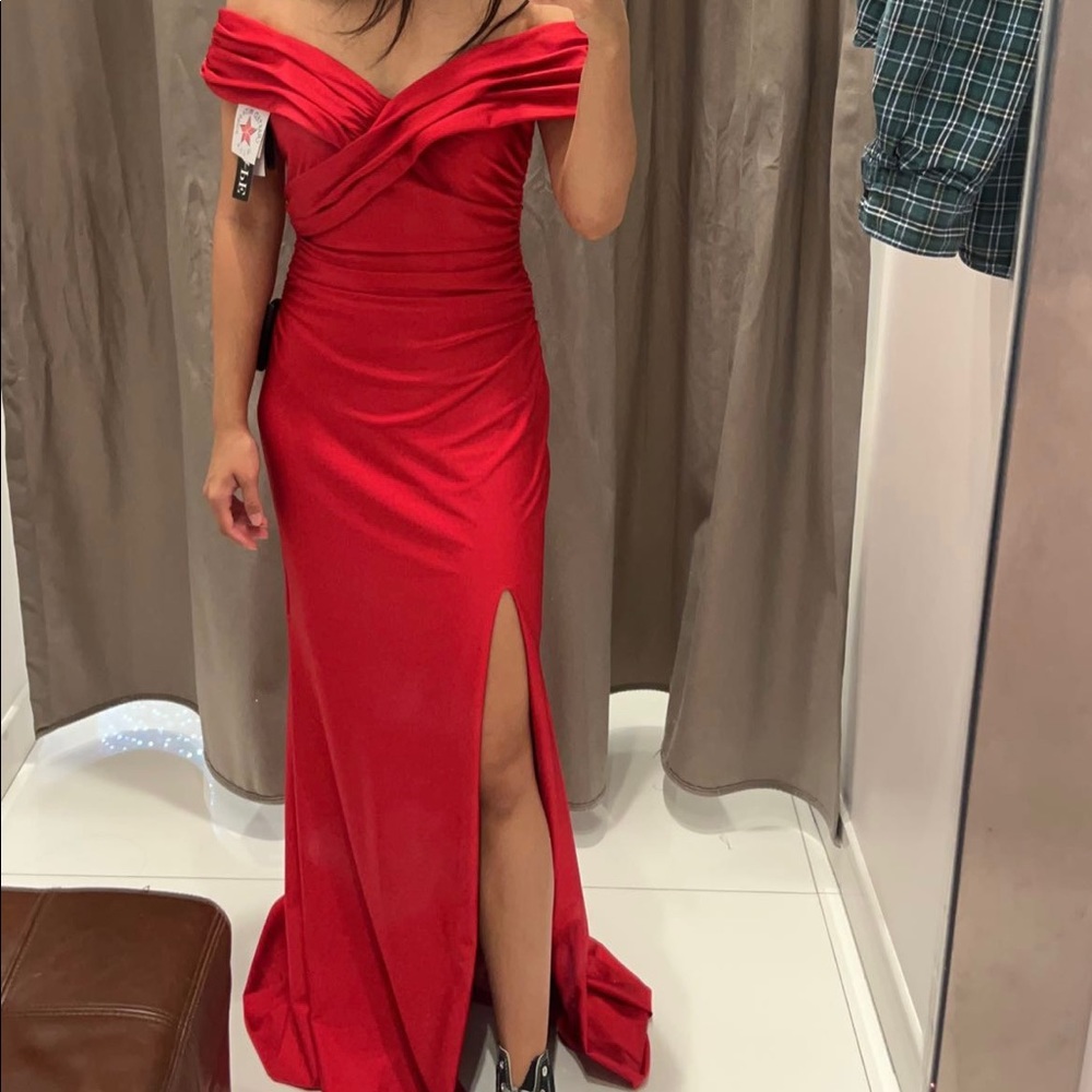 Red Xscape "Maria" Long Off the Shoulder Power Sateen Dress